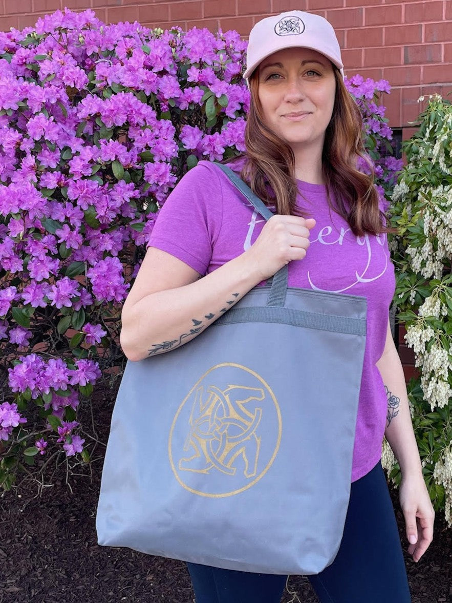 BHE Logo Tote Bag - Dark Gray with Gold Shimmer Ink