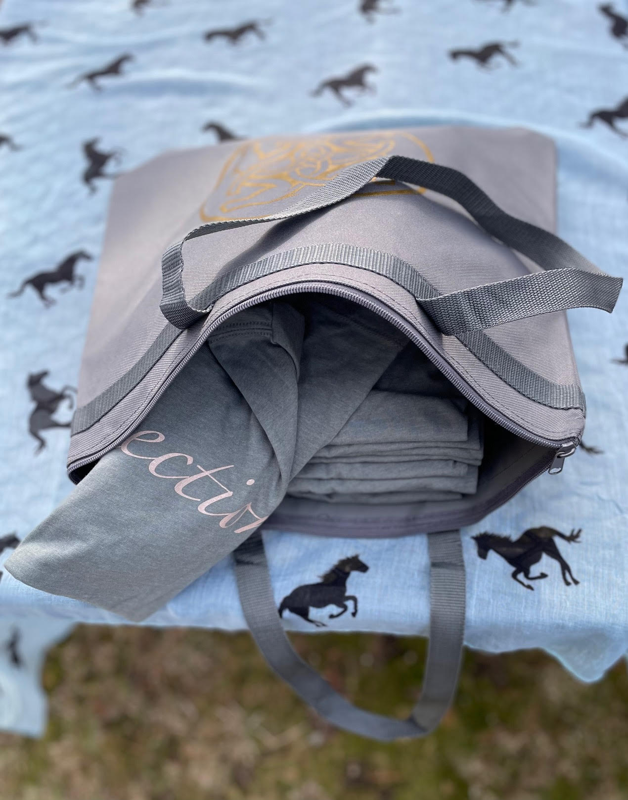 BHE Logo Tote Bag - Dark Gray with Gold Shimmer Ink