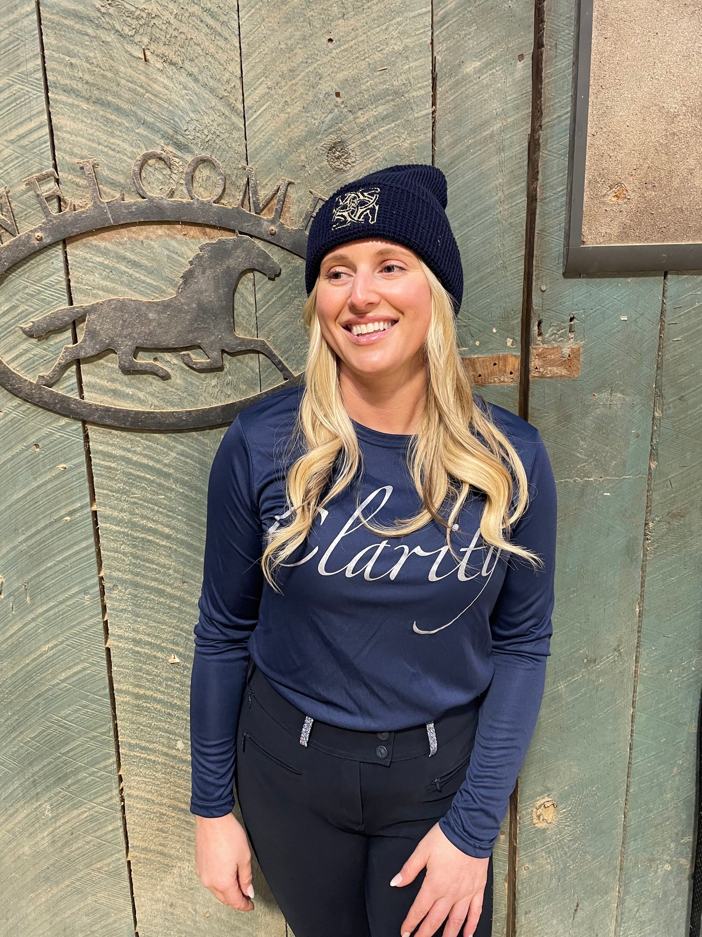 BHE Logo Waffle Cuffed Beanie - Navy with Gold Shimmer Thread