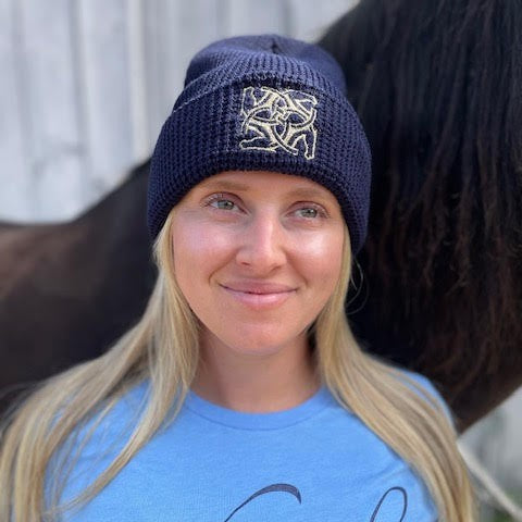 BHE Logo Waffle Cuffed Beanie - Navy with Gold Shimmer Thread