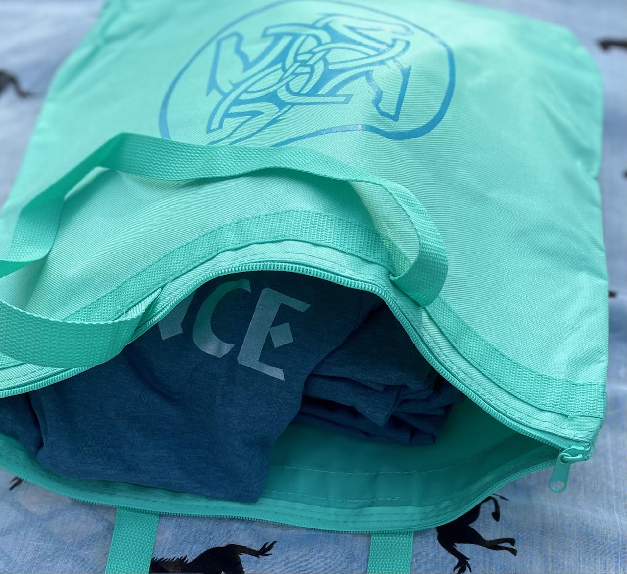 BHE Logo Tote Bag - Light Teal with Cerulean Blue Shimmer Ink