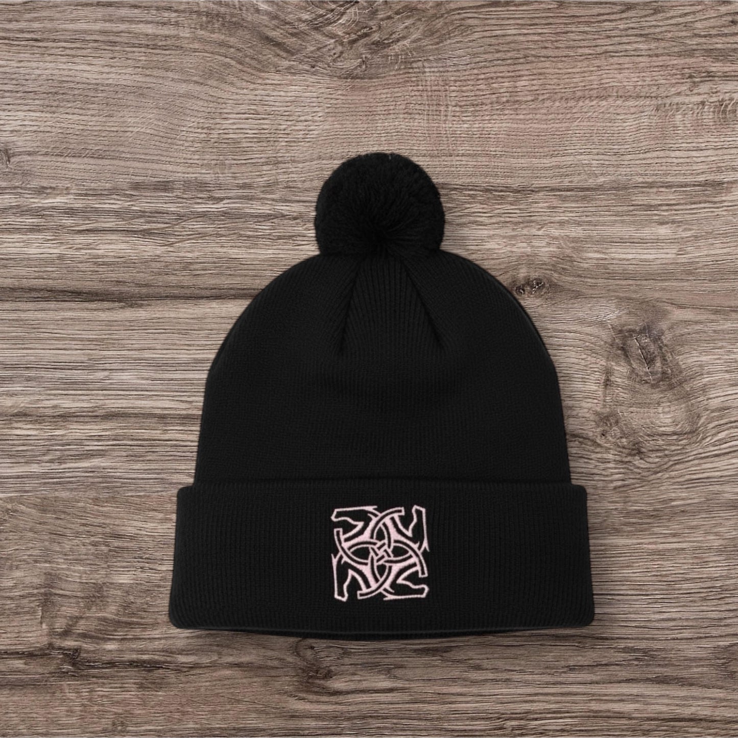 BHE Logo Pom-Pom Cuffed Knit Beanie - Black with Pale Pink Thread