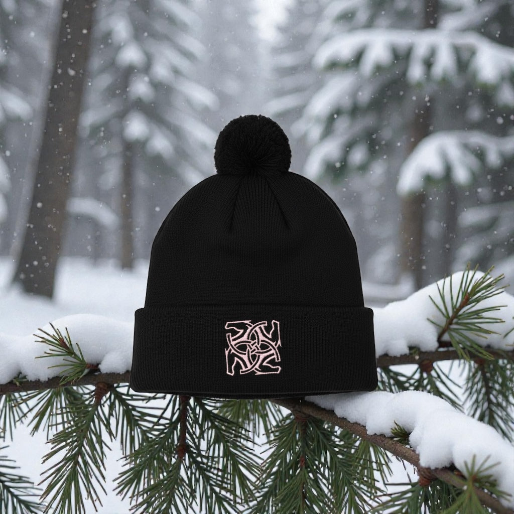 BHE Logo Pom-Pom Cuffed Knit Beanie - Black with Pale Pink Thread